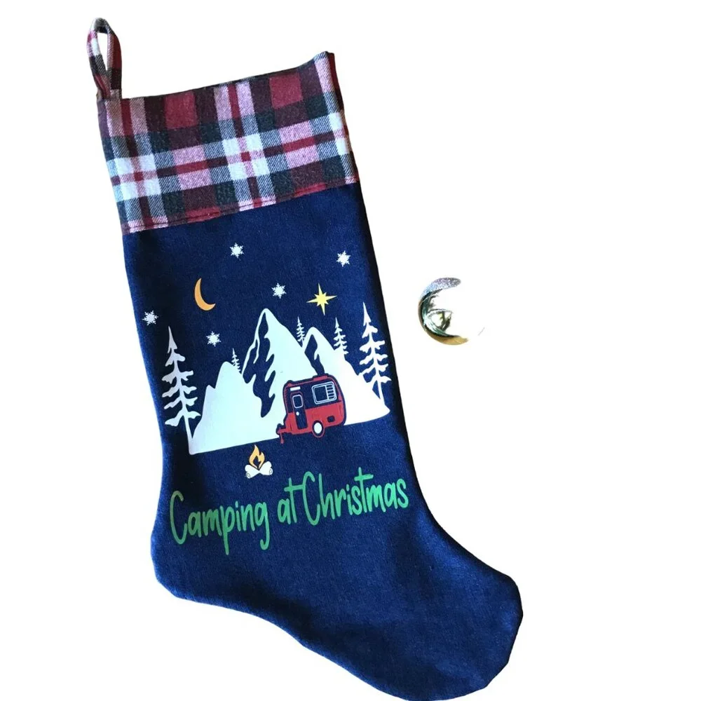 Handmade Denim Christmas Stocking, Mountains Cabin Decor Camping Fishing M-L